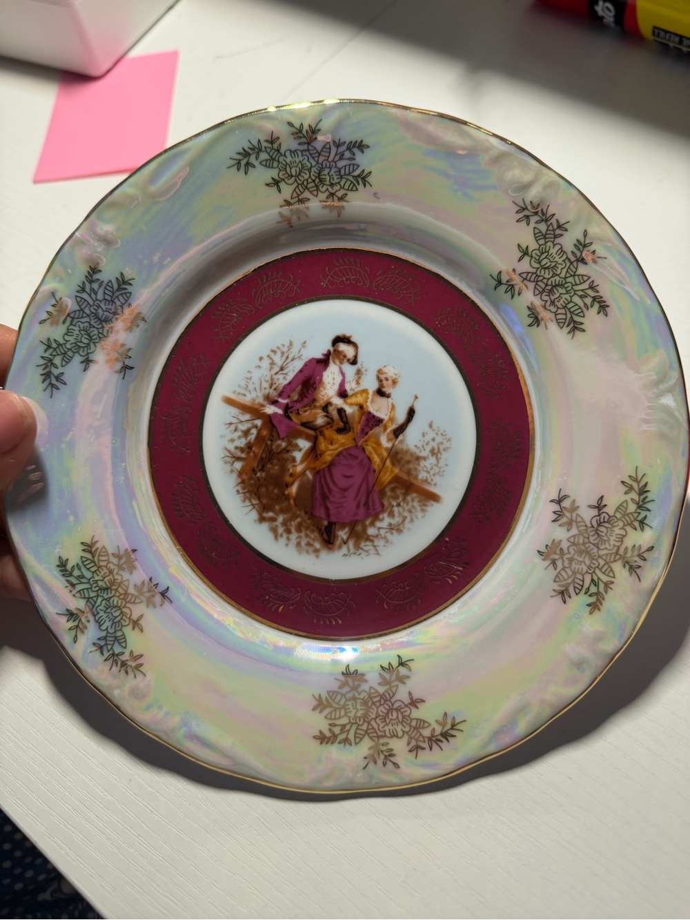 Victorian-Style Decorative Porcelain Plate in Iridescent White and Burgundy